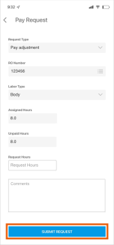 Screenshot of a Labor and Pay Adjustment request with the Submit Request button highlighted,